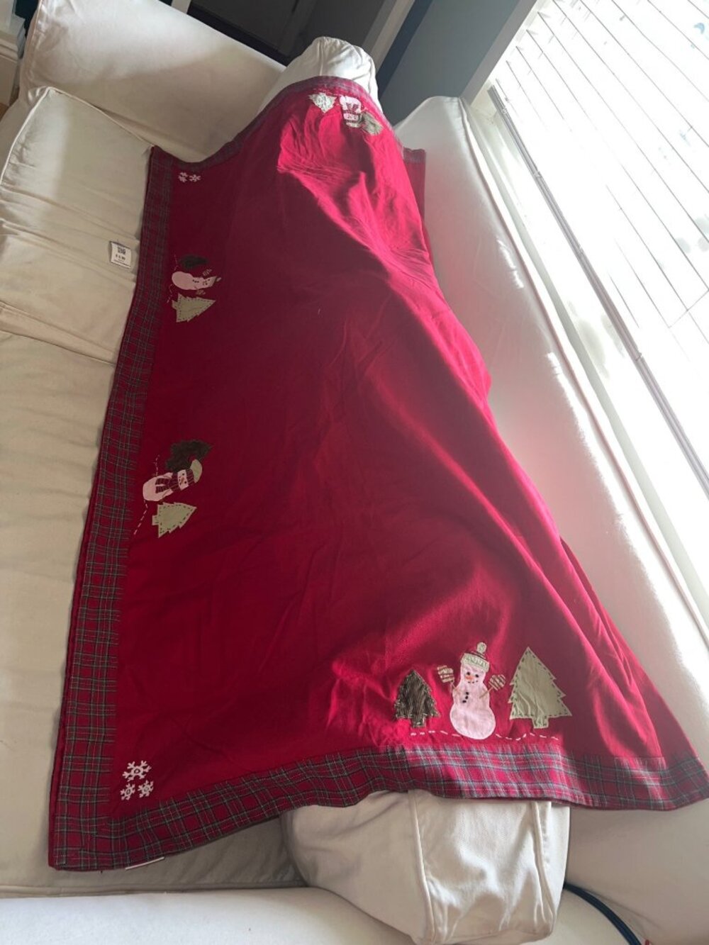 Pottery Barn Kids Red Christmas Tablecloth Snowman Tree Plaid Border Holiday